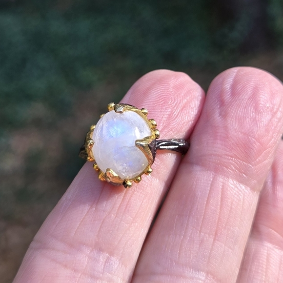 Moonstone 8k Sterling Gold & Rhodium Ring Sz8 - Picture 16 of 16